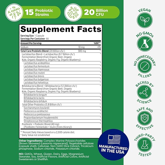 Probulin Total Care Probiotic Supplement Daily Gut Digestive and Immune Health Probiotics Capsules for Men and Women 20 Billion CFU Vegan 90 Count Bottle