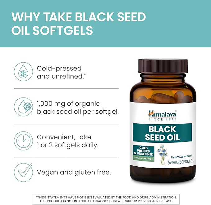 Himalaya Black Seed Oil Softgels Cold-Pressed &amp Unrefined Black Seed Oil for Wellness Non-GMO Vegan Gluten-Free No Additives 1000 mg Per Serving 60 Softgels