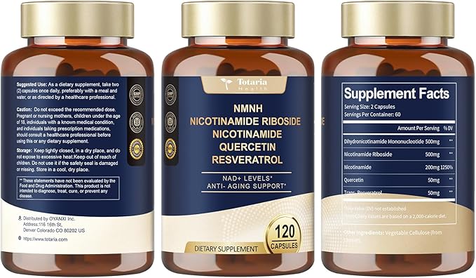 Totaria NMNH 500mg (Dihydronicotinamide Mononucleotide) Premium NMN Alternative Supplement w/Niacinamide (Vitamin B3) Quercetin Trans-Resveratrol for NAD+ Skin Cell Anti-Aging &amp Energy 120