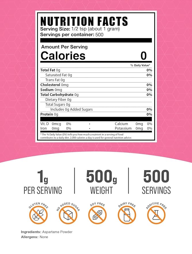 BulkSupplements.com Aspartame Powder - Aspartame Sweetener Sugar Substitute for Baking Sugar Alternative - Pure &amp Gluten Free 1g per Serving 500g (1.1 lbs) (Pack of 1)