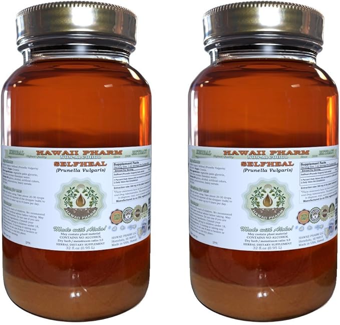 Hawaii Pharm Selfheal Alcohol-Free Liquid Extract Professional Grade Small Batch Crafted Selfheal (Prunella Vulgaris) Dried Herb Glycerite Natural Herbal Supplement 2x32 fl.oz