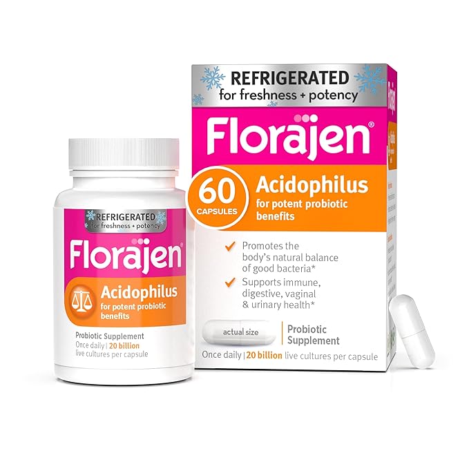 Florajen Acidophilus High Potency Refrigerated Supports Overall Health 20 Billion CFUs for Potent Probiotic Benefits Unflavored 60 Count