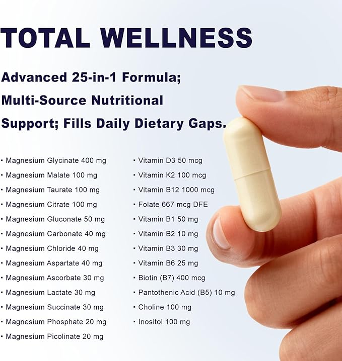 Magnesium 25-in-1 Complex Supplement – 700mg High Absorption Magnesium Glycinate Citrate Malate &amp Taurate Blend for Muscle Nerve Sleep Support – 120 Vegan Capsules for Women &amp Men (1)