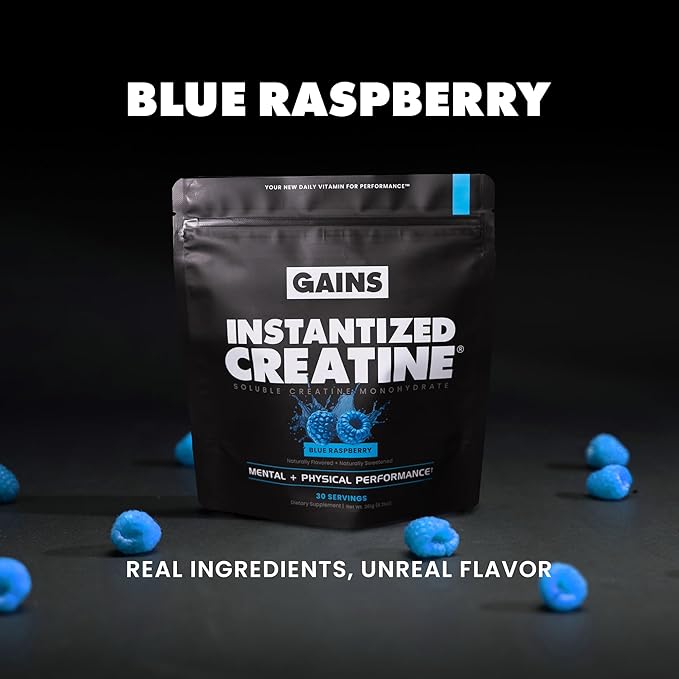 Gains in Bulk Instantized Creatine Monohydrate for Men &amp Women Soluble Pre Workout Powder Supports Muscle Building Strength and Performance Bodybuilding Supplements Blue Raspberry 30 Serving