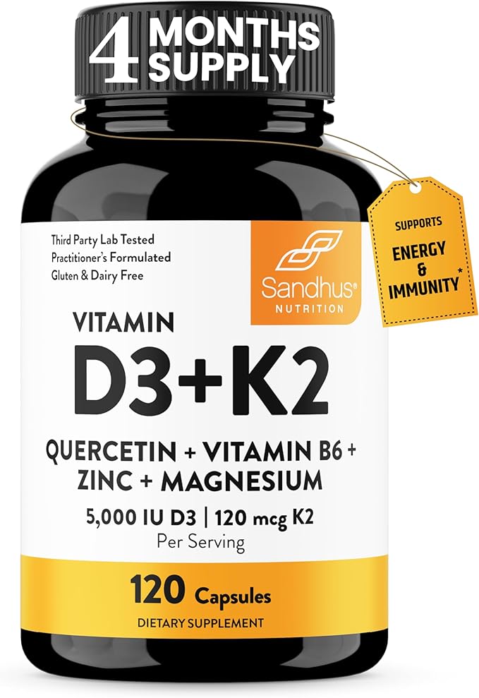 Sandhu's Vitamin D3 K2 with Quercetin &amp Magnesium Glycinate Lysinate Capsules | Support Quality Sleep Immune &amp Muscle Health