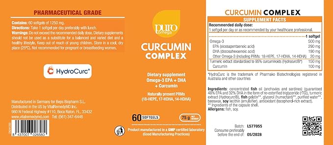 PuroOmega Curcumin Complex - Tripple Concentrated Omega 3 Oil Blended with Highly bioavailable Turmeric Supplement 2 Months Supply. A VitalemedyMD Product