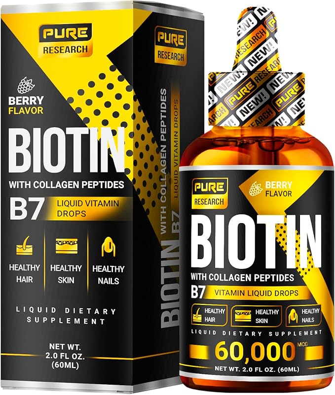 PURE RESEARCH Liquid Biotin &amp Collagen Hair Growth Drops 60000mcg – Biotin and Liquid Collagen Supplements for Women &amp Men – Supports Glowing Skin Healthy Hair &amp Nail Growth (2Fl Oz)