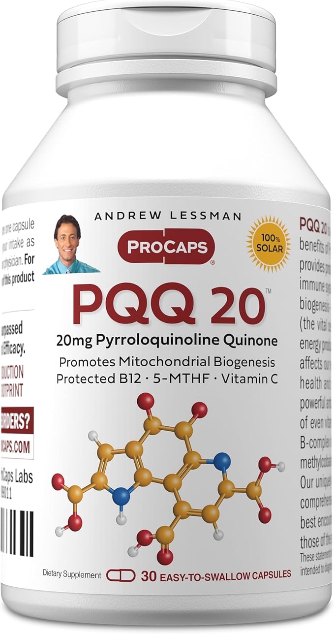 ANDREW LESSMAN PQQ 20mg - 30 Capsules - 20mg Pyrroloquinoline Quinone Natural Protective Compound Supports Vital Organs Heart Brain Liver Immune System. Mitochondrial Biogenesis No Additives