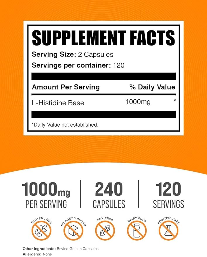 BulkSupplements.com L-Histidine Capsules - as L-Histidine Base Essential Amino Acid Supplement - Gluten Free 2 Capsules per Serving 240 Count (Pack of 1)