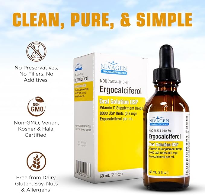 Nivagen Vitamin D2 Liquid Drops 8000 USP (Ergocalciferol) | 400 IU per Serving | 2 Drops Once Daily | 1200 Servings 60ml (2 fl. oz) | Faster Absorption | Bone Muscle &amp Immune Support | Made in