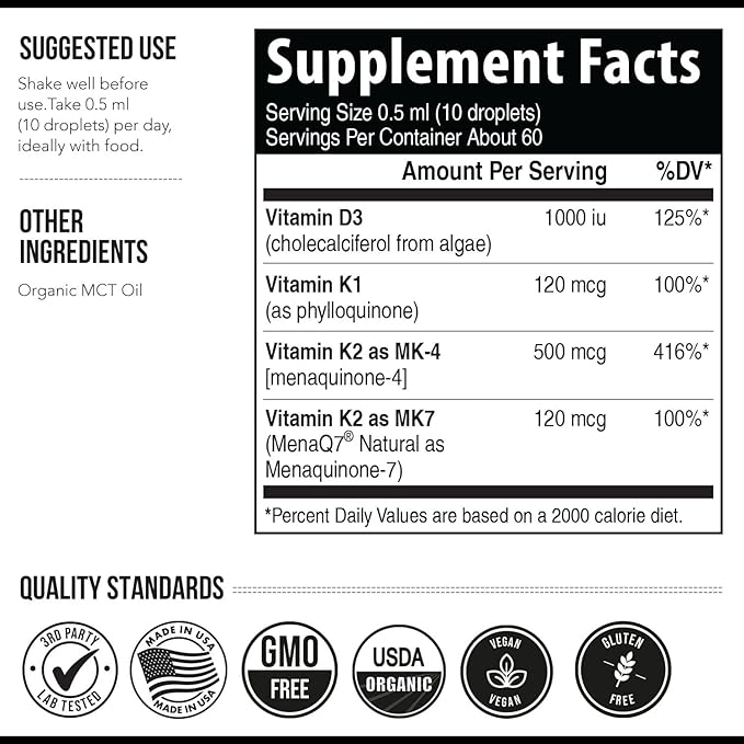 Total K2® | Vitamin K2 as MK7 &amp MK4 | Plus K1 &amp Vitamin D3 Cofactor - 620 mcg K2 per Serving - All-Trans MK7 from MenaQ7® - Full-Spectrum Vitamin K - Vegan Organic Certified (Liquid 1 oz)