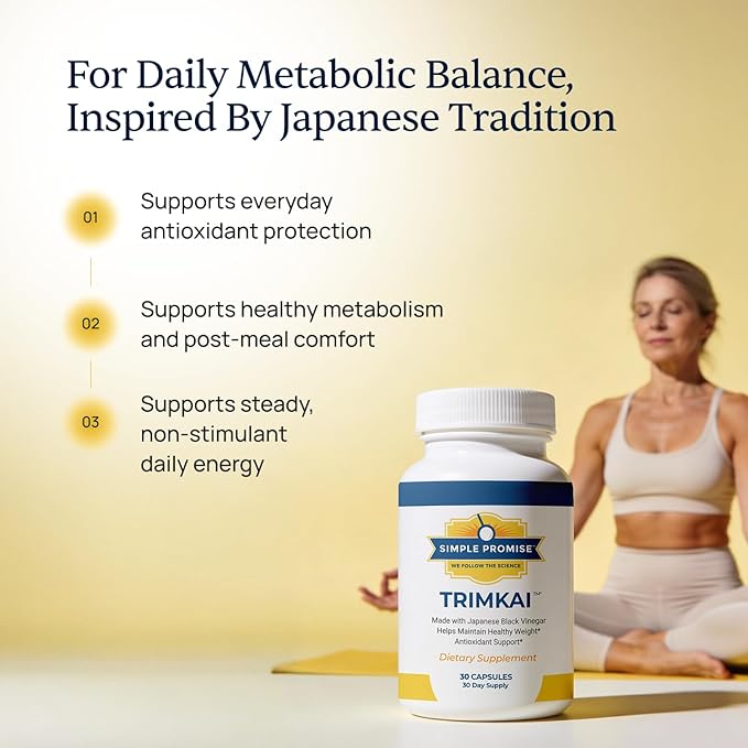Simple Promise TrimKai - Japanese Black Vinegar Capsules for Metabolism Support - with Astaxanthin 12mg Seaweed &amp Black Pepper Extract - Plant-Based Formula - 30 Capsules