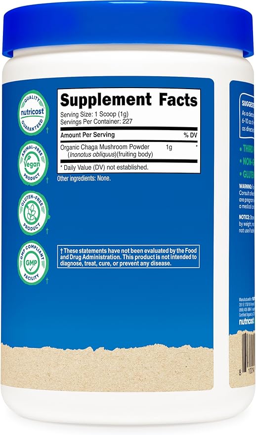 Nutricost 100% Organic Chaga Mushroom Powder 8oz (227 Servings) - Certified USDA Organic Gluten Free &amp Non-GMO
