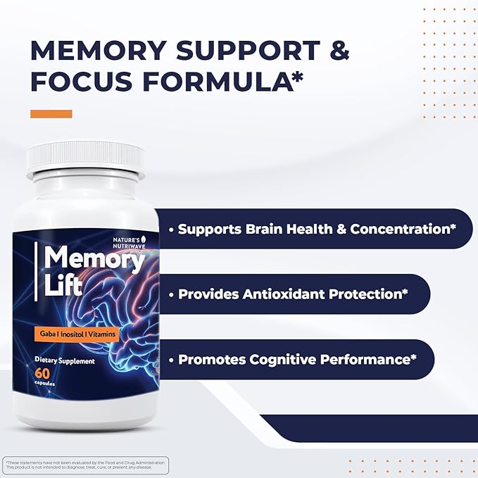 Memory Lift Capsules – Natural Daily Supplement with Vitamins A C D E B-Complex Biotin &amp Choline – Made in USA GMP-Certified Non-GMO Vegetarian – 60 Capsules 3 Month Supply
