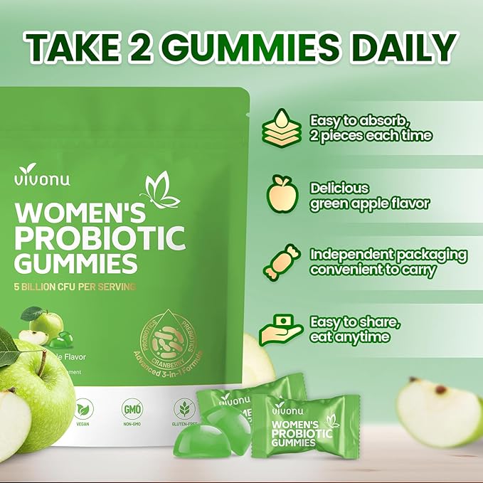 VivoNu Viginal Probiotics for Women Women Probiotic Gummies Feminine Balance Gummies Prebiotic Gummy Probiotics for Woman Vaginigal Health Yeast Ph Balance(60 Cranberry + 60 Green Apple)