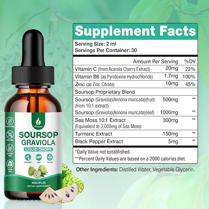 (3 Pack) Soursop Bitters Liquid - 7 in 1 Soursop Graviola Liquid Drop Leaf Extract 6 Fl Oz (180ml) with Organic Sea Moss for Cell Support &amp Regeneration Liver Immune Boost Antioxidant