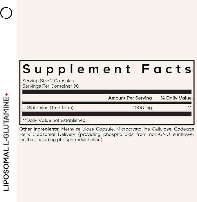 Codeage Liposomal L-Glutamine Capsule Supplement - 1000 mg L-Glutamine per Serving - 3-Month Supply - Liposomal Delivery Vegan Pills Non-GMO Gluten-Free Amino Acid - 180 Capsules