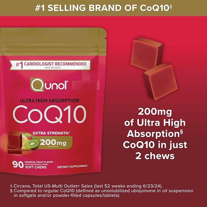 Qunol CoQ10 200mg Soft ChewsExtra Strength &amp Ultra High Absorption Coenzyme Q10 Supplement#1 Cardiologist Recommended Supplement for Heart Health90 Count (Pack of 2)