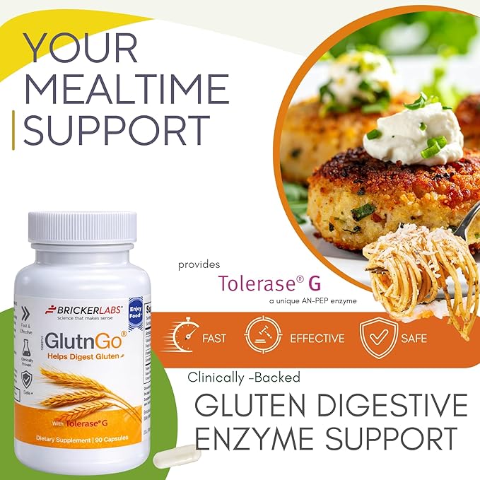 Bricker Labs GlutnGo Gluten Digestive Enzyme with Tolerase G 100mg – Supports Gluten Digestion &amp Digestive Comfort 90 Capsules