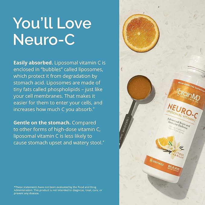 BRAINMD Dr Amen Neuro-C Citrus Vanilla - 16 fl oz - 1000 mg Liposomal Vitamin C - Advanced Brain &amp Immune Defense - Gluten Free - 32 Servings