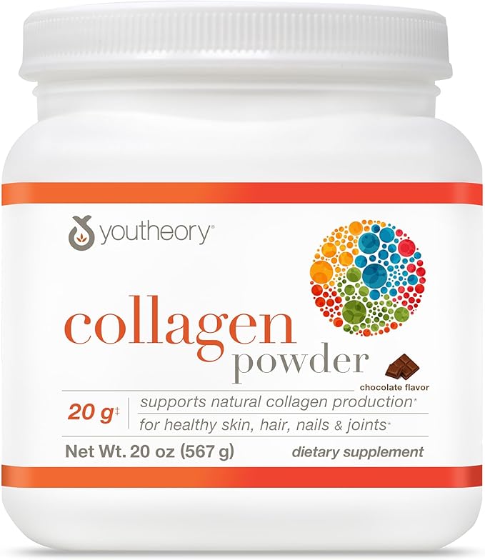 Youtheory Collagen Powder - 20 g Hydrolyzed Collagen Peptides - with Vitamin C Biotin &amp Amino Acids - Supports Joint &amp Bone Health* - Chocolate - 20 oz (21-Day Supply)