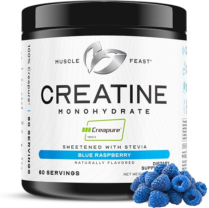 Muscle Feast Creapure Creatine Monohydrate Powder Vegan Keto Friendly Gluten-Free Muscle Recovery Supplement and Trusted Creatine for Muscle Growth Flavored Creatine Natural Blue Raspberry 300g