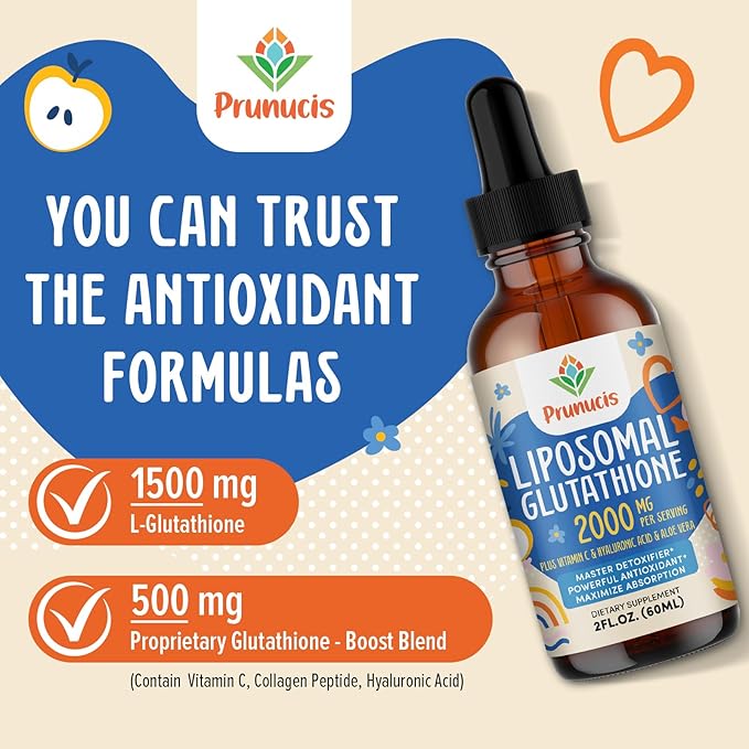 Prunucis 2000MG Liposomal Glutathione Liquid 98% Absorption Active Form L-Glutathione Supplement Vegan Friendly Powerful Antioxidant Complex for Immune System Aging Defense Detox 2 FL.OZ