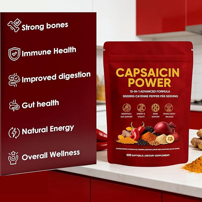 Capsaicin Power - Cayenne Pepper Softgels Supplement Supports Leg Vein Digestive &amp Gut Health with Vitamin D3+K2 Beetroot Grape Seed and Other Extracts 300 Capsules (1)