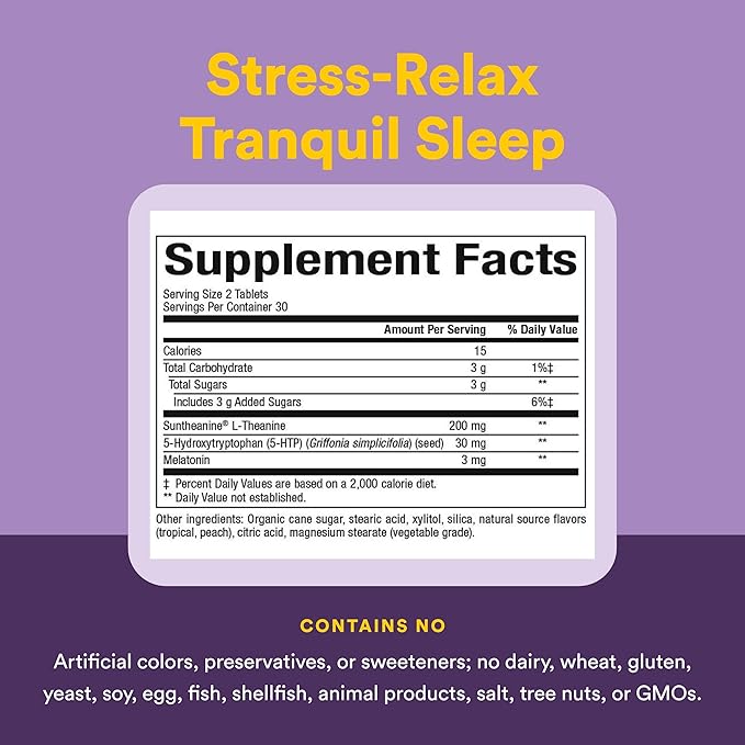 Natural Factors Tranquil Sleep - Calm Sleep Health Supplement - Relaxation Support Supplement with Melatonin &amp 5-HTP - 60 Chewable Tablets (30 Servings)