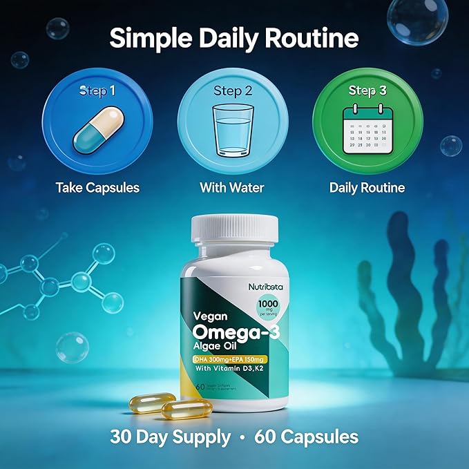 Vegan Omega-3 Algae Oil Supplement with DHA 300mg &amp EPA 150mg Plant-Based Omega-3 with Vitamin D3 &amp K2 Fish-Free Algal Oil Softgels for Men &amp Women 60 Softgels 30 Day Supply