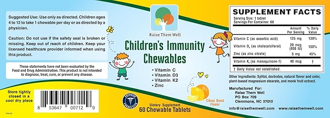 Raise Them Well Kids Vitamin C &amp Immune Support Citrus Chewables for Children Natural Immune Booster with Zinc &amp Elderberry + Kids Vitamin PDF Doctor Formulated 60 Tasty Tablets