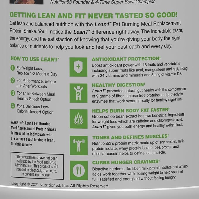 Lean1 Vanilla Meal Replacement Protein Shake 15 Serving Tub
