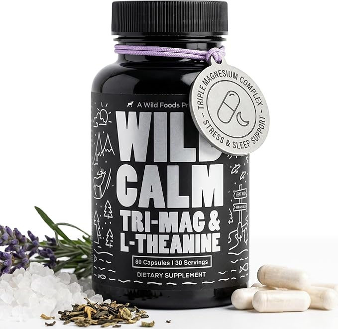 Wild Foods 3 in 1 Magnesium Glycinate L Theanine for Calm Sleep &amp Muscle Relaxation - Glycinate Malate Taurate - 100% Natural Magnesium Complex for Women and Men - 60 Capsules
