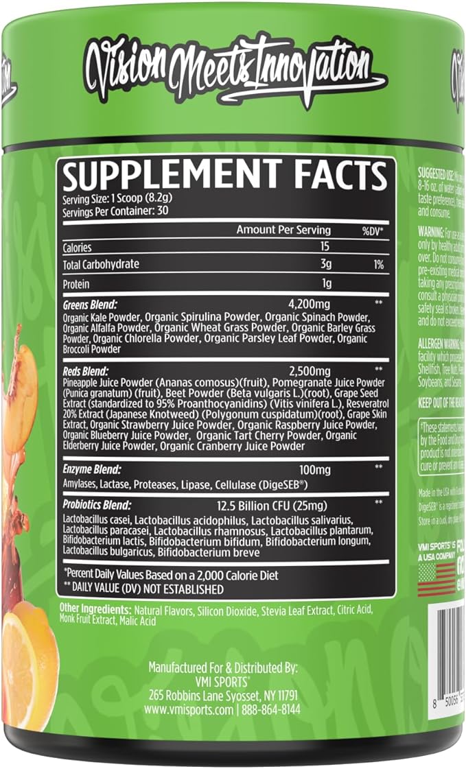 VMI Sports Greens + Reds Advanced Superfood Immunity and Gut Health | Enzymes &amp Probiotics | 30 Servings (Peach Iced Tea)