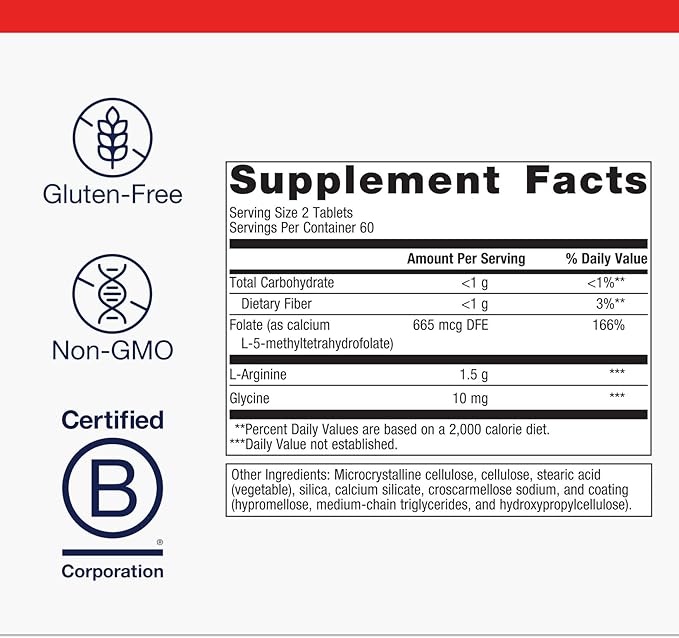 Metagenics Arginine Plus - 1.5 g L‑Arginine with Methyl Folate (L‑5‑MTHF) - Supports Healthy Blood Flow Circulation &amp Heart Health - Non‑GMO Gluten‑Free Vegetarian - 120 Tablets