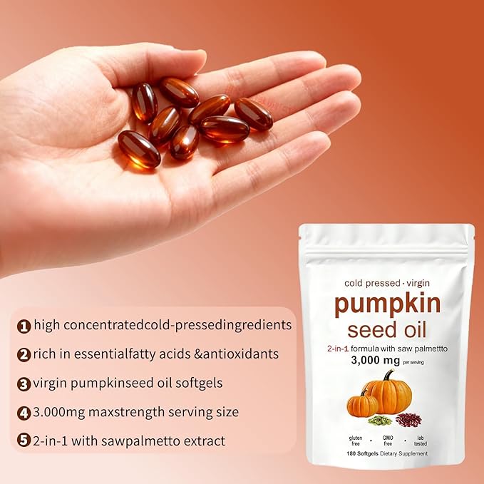 Pumpkin Seed Oil with Saw Palmetto- 3000mg - 300 Softgels -Cold Pressed - Pure Virgin Oil - Essential Fatty Acids &amp Phytosterols - Supports Hair - Urinary - Bladder &amp Prostate Health - Non-GMO