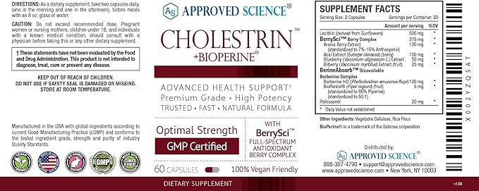 Approved Science Cholestrin - Lipid Level Support - Antioxidants Lecithin Berberine HCL Berries BioPerine - 60 Capsules - Pack of 1