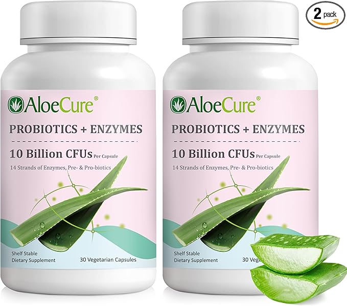AloeCure Daily Probiotics 10 Billion CFU for Digestive Support 8 Strains 6 Prebiotics &amp Enzymes - Digestive Supplement with Bromelain for Women &amp Men - Gut Support Digestive Relief 30 Caps
