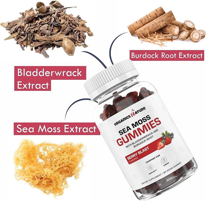 ORGANICS NATURE Irish Sea Moss Gummies for Lung Detox Thyroid Strength Immune &amp Energy Support Vegan Seamoss Gummies for Kids &amp Adults - 60 Vegan Gummy Bears Berry Flavored (Pack of 3)