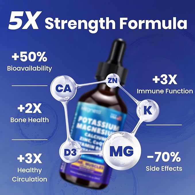 Potassium Magnesium Calcium Zinc Liquid Complex – Chelated Minerals with D3 B6 B12 &amp CoQ10 for Superior Absorption Heart Bone Muscle Sleep &amp Anti-Aging Support 2 Fl Oz(60ml)