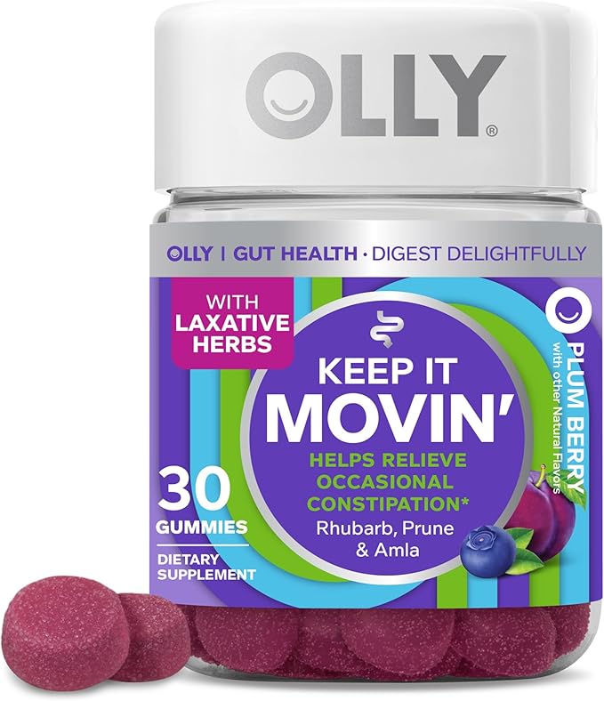 OLLY Fiber Gummy Rings 5g Prebiotic Fiber FOS (Fructo-oligosaccharides) Digestive Support Berry Melon 50ct &amp Keep it Moving Constipation Relief Rhubarb Prunes Amla - Plum Berry Flavor - 30c