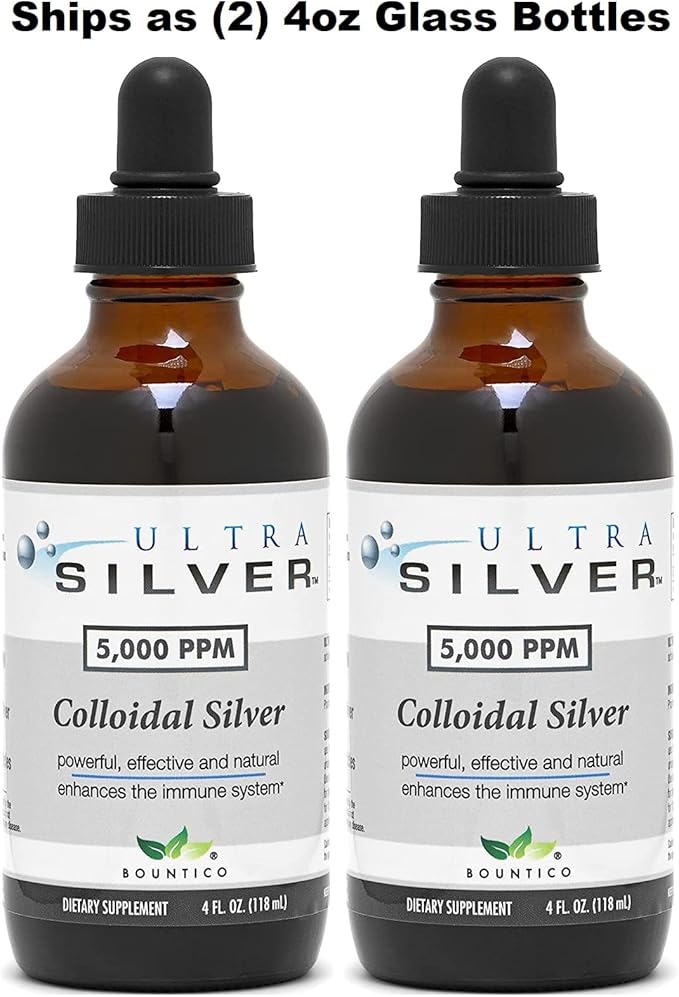 Ultra Silver® Colloidal Silver | 5000 PPM 8 Oz (236mL) | Ships as (2) 4 Ounce Glass Bottles | Mineral Supplement | True Colloidal Silver - with Dropper