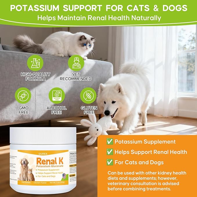 Renal K Potassium Gluconate for Dogs &amp Cats – 2.2 mEq per Scoop – Supports Kidney Function Restores Potassium Levels – Boosts Energy – Muscle Strength – Vet-Recommended