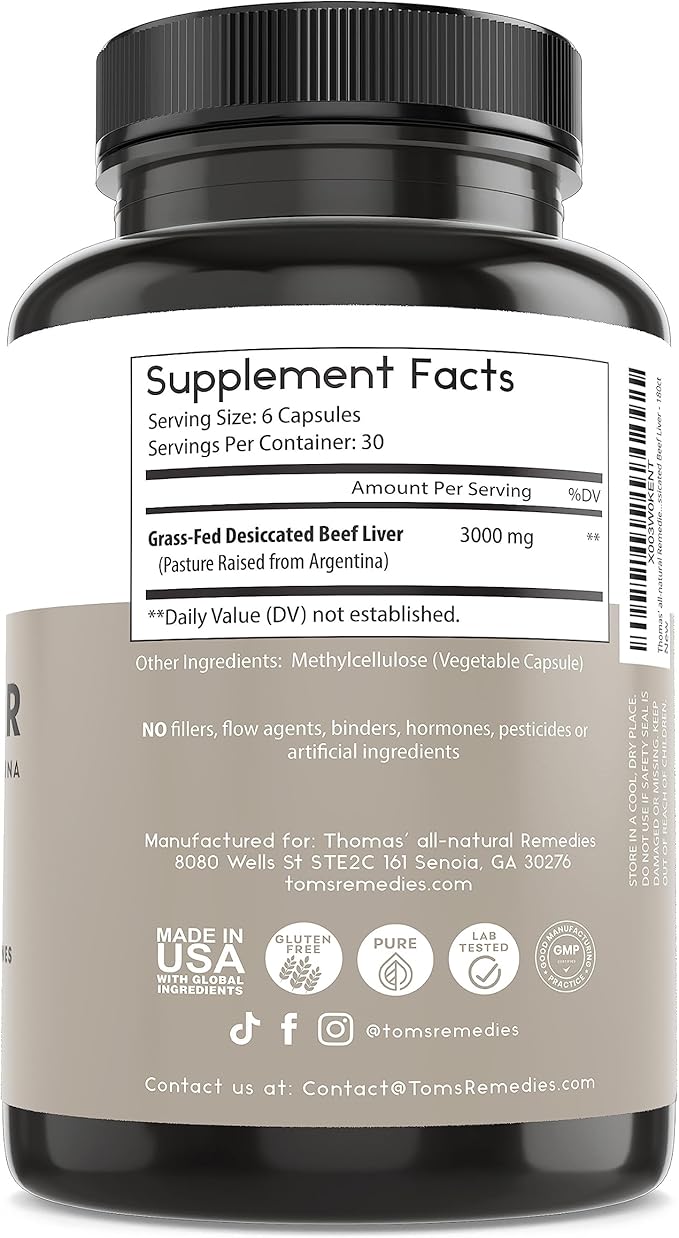 Thomas' all-natural Remedies Grassfed Beef Liver Supplement 3000mg Liver Support Supplement Pasture Raised in Argentina Non-GMO &amp Hormone Free (180 Caps)