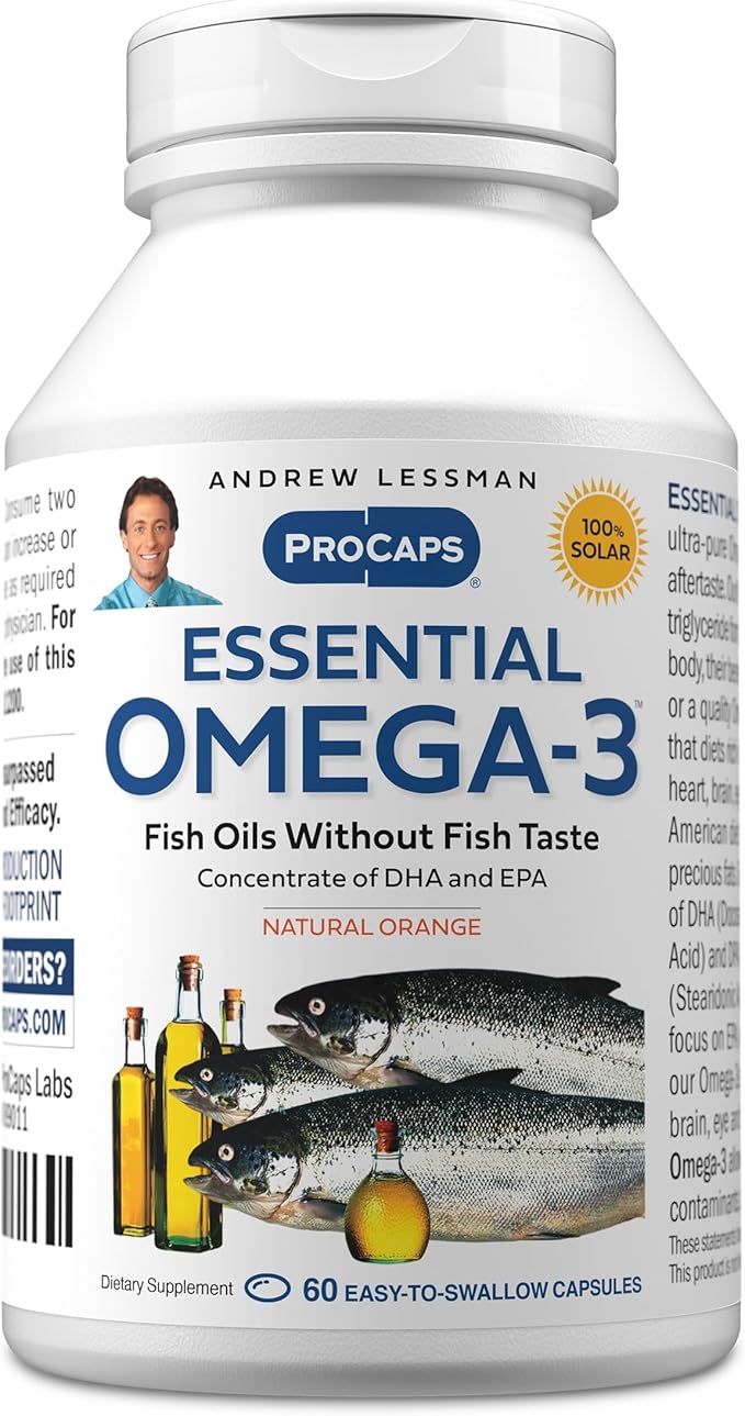 ANDREW LESSMAN Essential Omega-3 Orange - 60 Softgels - Ultra-Pure High Potency Omega-3 Oils. High DHA No Stomach Upset No Contaminants No Mercury. Small Easy to Swallow Softgels