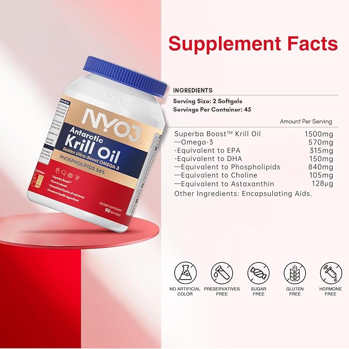 NYO3 1500mg Krill Oil Omega 3 Supplement Senior's Top Choice High Content EPA DHA &amp High Absorption Pure Antarctic Krill Oil with Astaxanthin and 56% Phospholipids Laboratory Tested90 Softgels