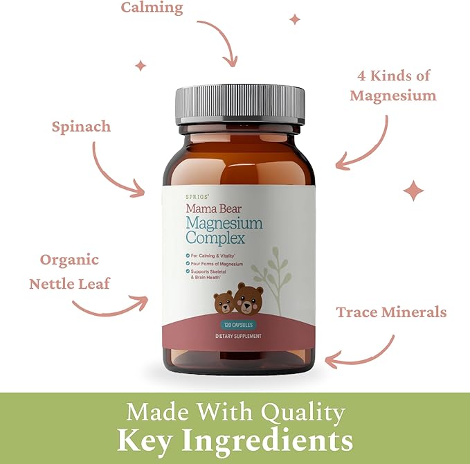 Mama Bear Magnesium Complex Supplement 120 Capsules | 4 Forms - Glycinate Citrate L-Threonate &amp Elemental Plus Nettles &amp Spinach Support Nutrition Calm &amp Skeletal &amp Brain Health