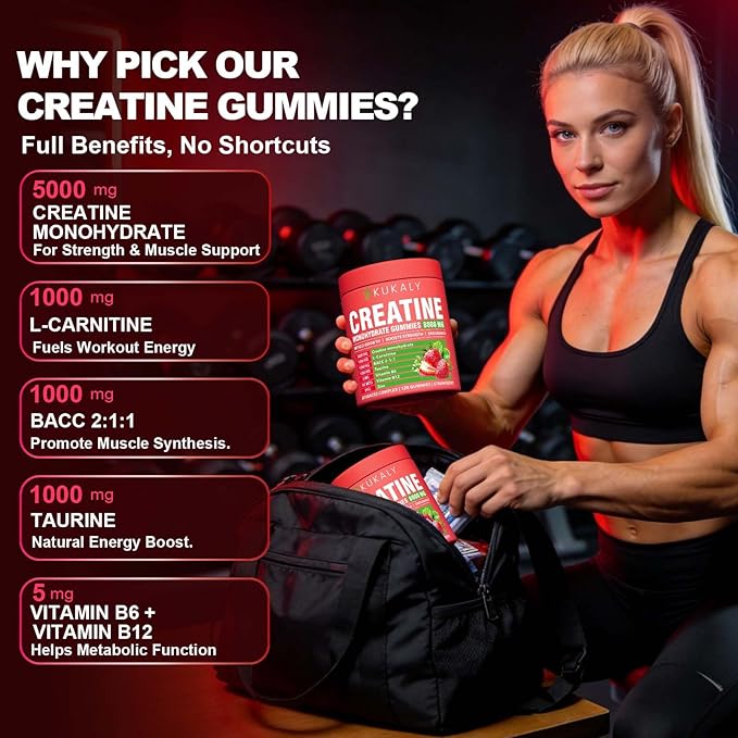 Creatine Monohydrate Gummies for Men &amp Women 8500MG Creatine Gummies Sugar Free Strawberry Flavored with L-Taurine BCAA 2:1 B12 B6 for Boost Strength Focus &amp Endurance Vegan Non-GMO 120