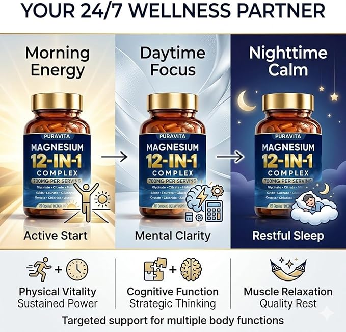 Puravita Magnesium Complex Puravita 12 in 1 Magnesium Supplement 700mg with Glycinate Citrate Malate Oxide Taurate &amp More – High Absorption for Muscle Nerve &amp Sleep Support 120 Capsules