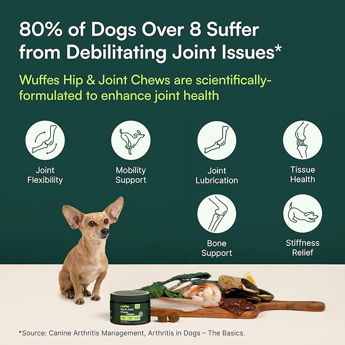 Wuffes Advanced Dog Hip and Joint Supplement with Glucosamine Chondroitin Omega 3 MSM and Green Lipped Mussel 60 Pork Flavored Chews for Small and Medium Dog Breeds